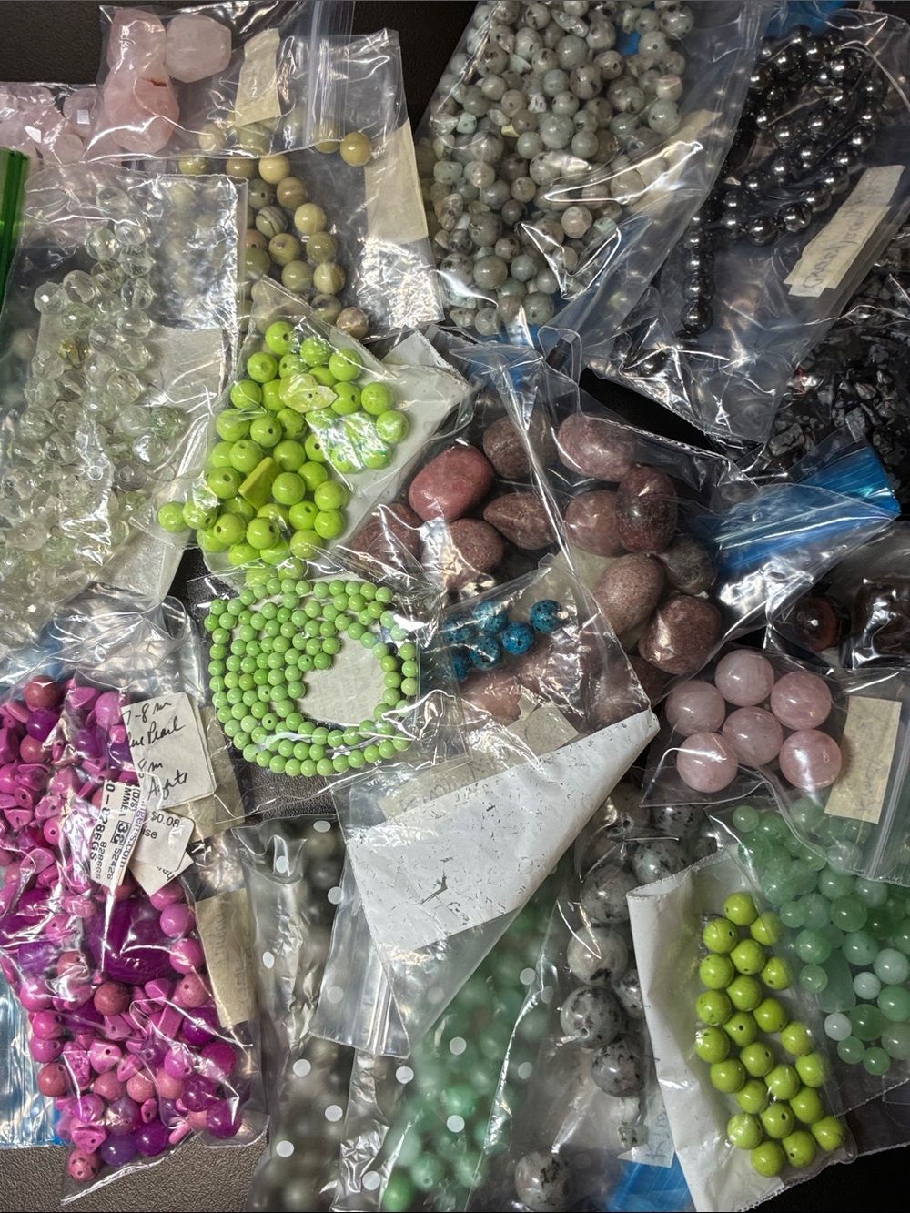 Assorted 2+ pound gemstone Bead Lot in Green, Pink, Gray, Black & Turquoise